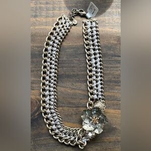 Ann Taylor Chain Necklace with Gray Ribbon and Floral Pendant